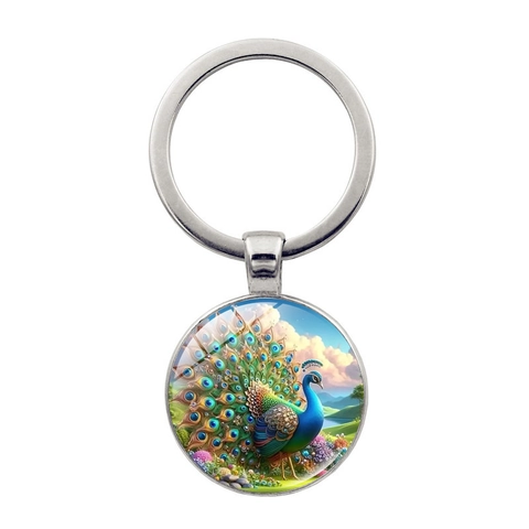 Pfau Anhänger Schlüsselanhänger Bunte Vogel Kunst Glas Cabochon Zinklegierung Schlüsselring Für Auto Tasche Vintage Geschenk