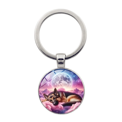 Portachiavi con Cane Pastore Tedesco Che Dorme Luna Stelle Arte in Lega di Zinco Vetro Ciondolo Borsa Auto Regalo Per Amanti Animali