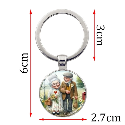 Romantisches Älteres Ehepaar Schlüsselanhänger Metall Zinklegierung Glas Anhänger Künstlerischer Runder Schlüsselring Geschenk