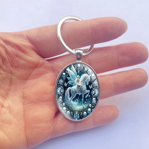 Exquisite Fantasy Fairy And Unicorn Illustration Oval Pendant Keychain For Women Zinc Alloy Metal Glass Key Ring Creative Fashion Jewelry Bag Charm Gift
