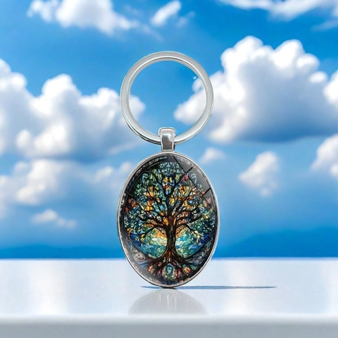 Lebensbaum Muster Ovaler Anhänger Schlüsselanhänger Zinklegierung Buntglas Stil Metall Schlüsselring Kreatives Geburtstagsgeschenk Schmuck