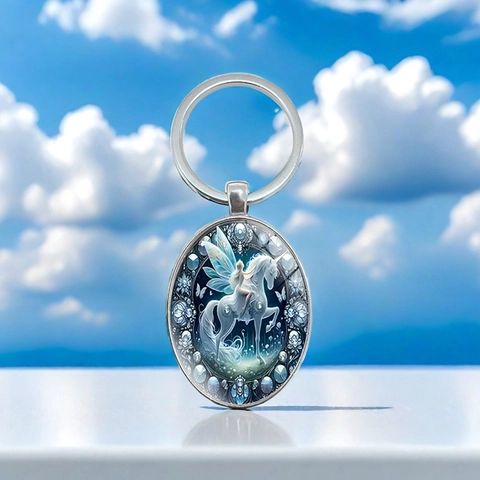 Exquisite Fantasy Fairy And Unicorn Illustration Oval Pendant Keychain For Women Zinc Alloy Metal Glass Key Ring Creative Fashion Jewelry Bag Charm Gift