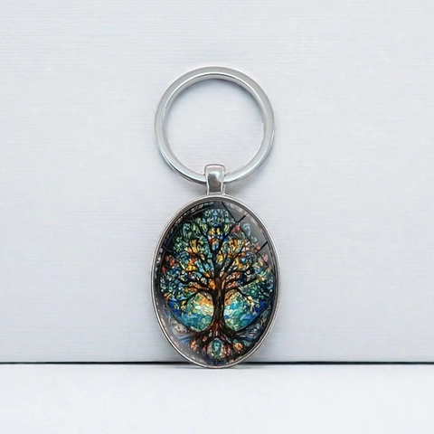 Lebensbaum Muster Ovaler Anhänger Schlüsselanhänger Zinklegierung Buntglas Stil Metall Schlüsselring Kreatives Geburtstagsgeschenk Schmuck