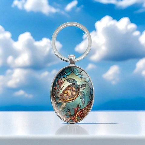 Llavero con Colgante Ovalado Patrón de Tortuga Marina Metal Plateado Tema Marino Llavero de Animal Regalo para Amantes del Océano