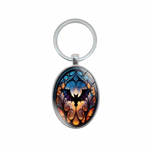 Gothic Fledermaus Hexe Kürbis Metall Schlüsselanhänger Vintage Buntglaseffekt Ovaler Anhänger Schlüsselring Für Halloween Party Geschenk