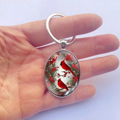 Oval Zinc Alloy Cardinal Bird Keychain With Glass Cabochon Pendant Red Bird Nature Art Key Ring For Men Women Gift