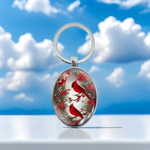 Oval Zinc Alloy Cardinal Bird Keychain With Glass Cabochon Pendant Red Bird Nature Art Key Ring For Men Women Gift