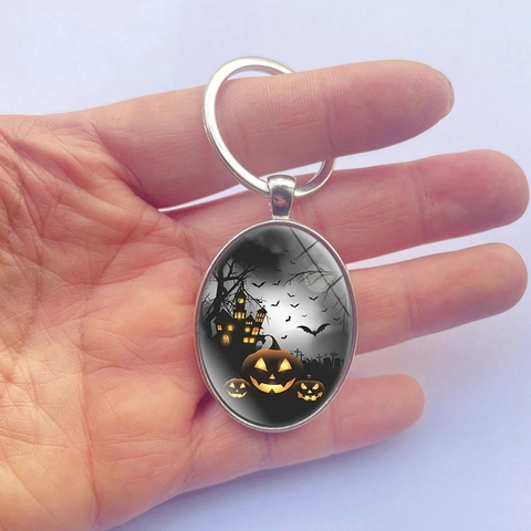 Halloween Pumpkin Castle Metal Keychain Creative Bat Dead Tree Oval Glass Cabochon Key Ring For Bag Charm Party Favor Gift