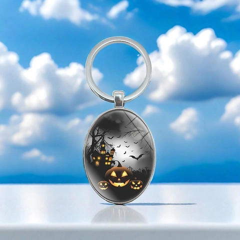 Halloween Pumpkin Castle Metal Keychain Creative Bat Dead Tree Oval Glass Cabochon Key Ring For Bag Charm Party Favor Gift