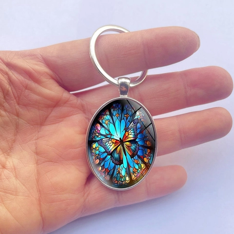 Portachiavi Farfalla in Vetro Colorato Gemma del Tempo Ciondolo in Lega di Zinco Ovale Accessorio di Moda in Metallo Regalo