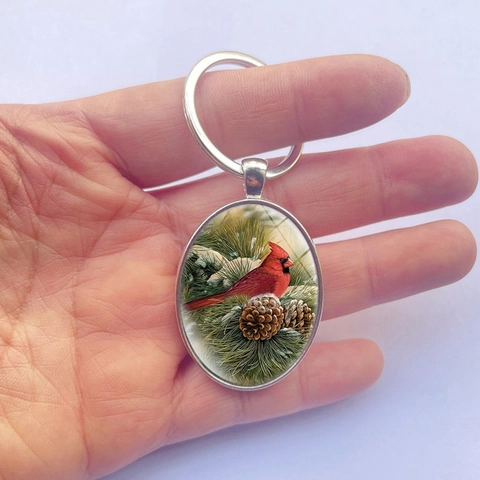 Red Cardinal Bird Oval Metal Keychain Glass Cabochon Pine Branch Pinecone Pendant Vintage Silver Keyring Bag Charm Gift