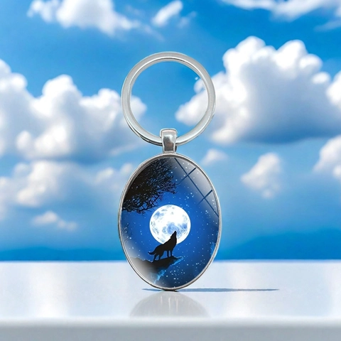 Huilende Wolf Maan Glas Cabochon Hanger Sleutelhanger Zinklegering Zilver Metalen Ring Accessoire Voor Auto Tas Decoratie Cadeau