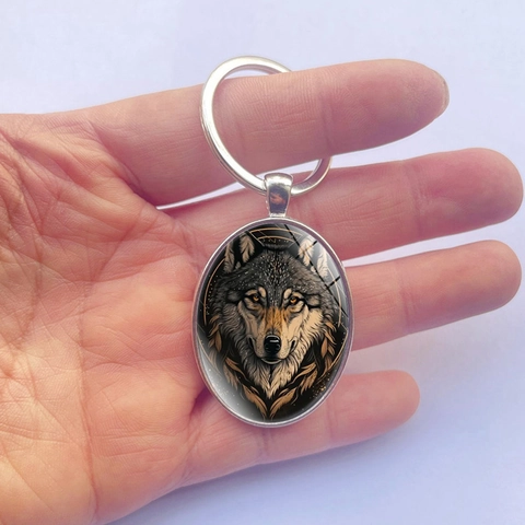 Realistische Wolfskopf Muster Oval Zinklegierung Schlüsselanhänger Kreative Metall Schlüsselring Anhänger Für Herren Auto Schlüssel Zubehör