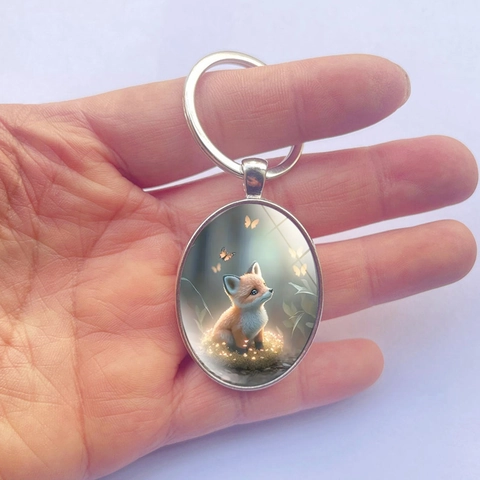 Ovaler Metall Schlüsselanhänger Mit Fuchs Schmetterling Glascabochon Silber Zinklegierung Tasche Anhänger Schmuck Geschenk Unisex