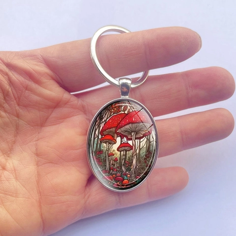 Vintage Roter Pilz Wald Ovaler Anhänger Metall Schlüsselanhänger Für Tasche Auto Schlüsselring Schlichter Künstlerischer Glasdom Schmuck