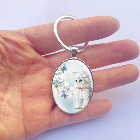 Fashion Oval Metal Pendant Keychain White Cat Flower Butterfly Illustration Design Silver Key Ring For Women Gift