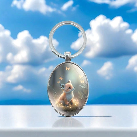 Ovaler Metall Schlüsselanhänger Mit Fuchs Schmetterling Glascabochon Silber Zinklegierung Tasche Anhänger Schmuck Geschenk Unisex