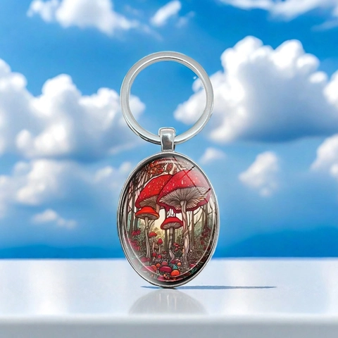 Vintage Roter Pilz Wald Ovaler Anhänger Metall Schlüsselanhänger Für Tasche Auto Schlüsselring Schlichter Künstlerischer Glasdom Schmuck