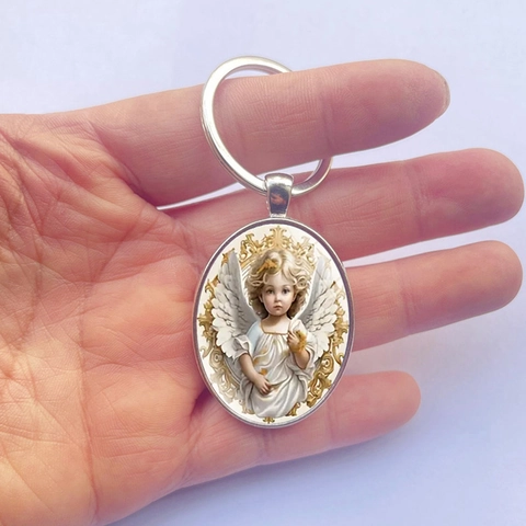Classical Angel Oval Pendant Keychain Zinc Alloy Silver Color Cherub Keyring Religious Style Elegant Gift For Women Men