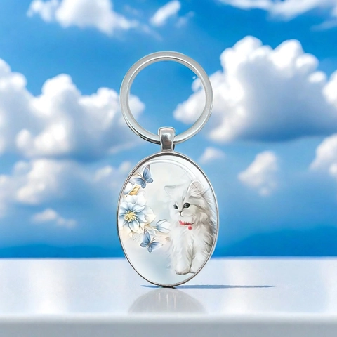 Fashion Oval Metal Pendant Keychain White Cat Flower Butterfly Illustration Design Silver Key Ring For Women Gift
