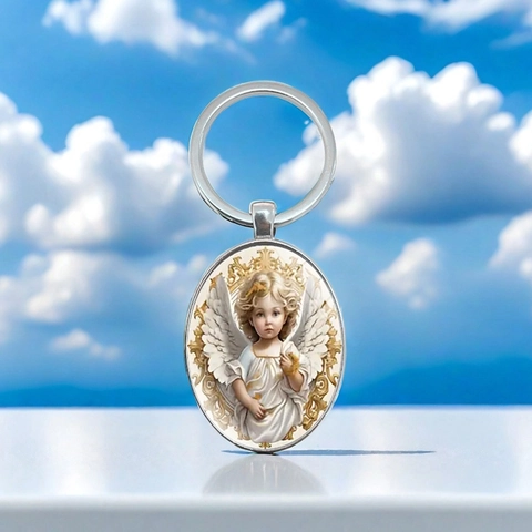 Classical Angel Oval Pendant Keychain Zinc Alloy Silver Color Cherub Keyring Religious Style Elegant Gift For Women Men