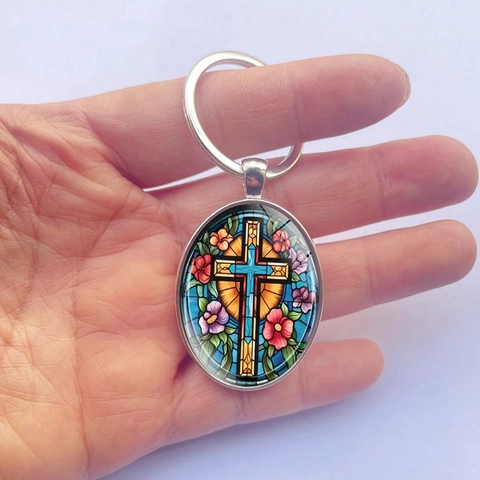 Élégant Porte-clés Pendentif Croix en Vitrail Ovale en Alliage d'Argent pour Sac Voiture Anneau de Clé Cadeau Religieux Homme Femme