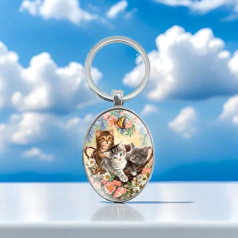 Portachiavi Ovale in Lega di Zinco Con Gatto e Farfalle Motivo Floreale Pendente in Vetro Argento Design Artistico Tema Animale Regalo Gioielli