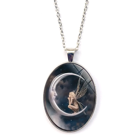 Collana con Ciondolo Fata Dea della Luna Vintage in Lega Catena d'Argento con Cabochon in Vetro Cielo Stellato Gioielli Donna