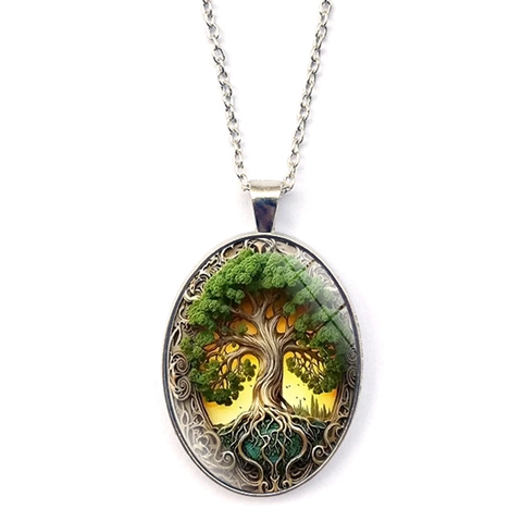 Vintage Tree Of Life Pendant Necklace Alloy Glass Oval Shape Celtic Style Bohemian Jewelry For Women Men Long Sweater Chain