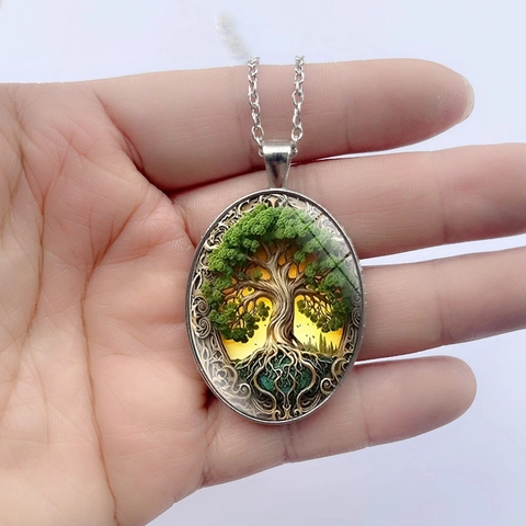 Vintage Tree Of Life Pendant Necklace Alloy Glass Oval Shape Celtic Style Bohemian Jewelry For Women Men Long Sweater Chain