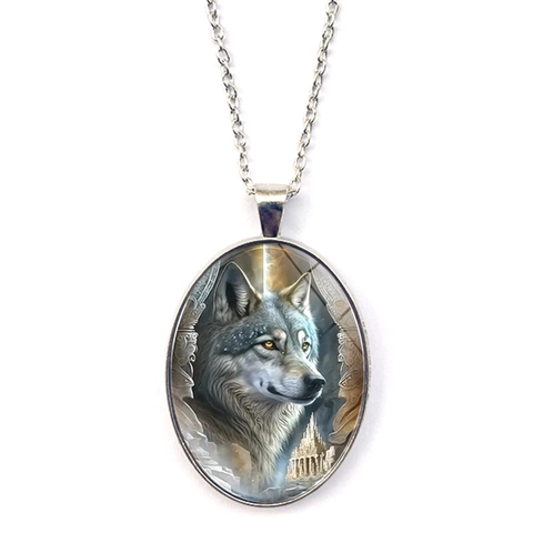 Vintage Silver Alloy Wolf Head Pendant Necklace Realistic Fantasy Animal Art Glass Cabochon Necklace For Men Fashion Jewelry Gift