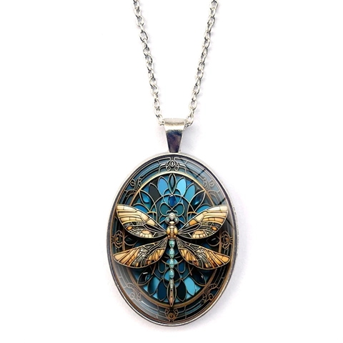 Vintage Dragonfly Stained Glass Style Oval Pendant Necklace Alloy Electroplated Chain Fashion Jewelry For Women Gift