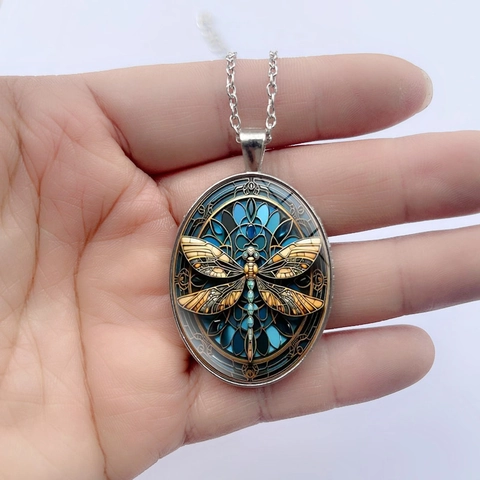 Vintage Dragonfly Stained Glass Style Oval Pendant Necklace Alloy Electroplated Chain Fashion Jewelry For Women Gift