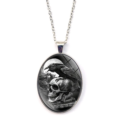 Gothic Raven Skull Oval Pendant Necklace Alloy Glass Vintage Retro Dark Art Crow Skull Necklace For Unisex Party Jewelry Gift