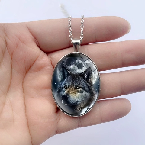 Collana con Pendente in Vetro Ovale Motivo Lupo Luna per Unisex Vintage Lega Catena Incrociata Accessori Gioielli Regalo