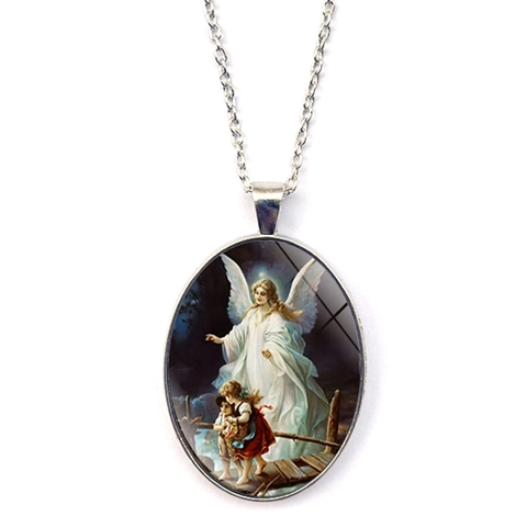 Vintage Alloy Guardian Angel Oval Pendant Necklace Women Retro Silver Color Glass Cabochon Sweater Chain Jewelry Gift