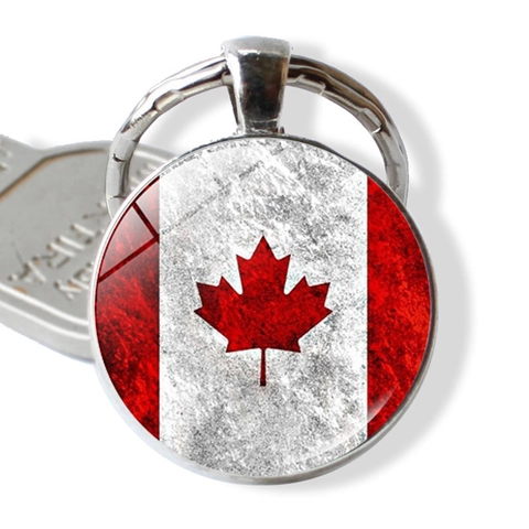 Canada Flag Maple Leaf Keychain Round Zinc Alloy Glass Cabochon Vintage Pendant Keyring For Bags Car Souvenir Travel Gift