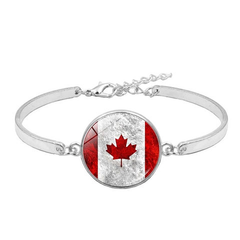 Vintage Canada Flag Time Gem Bracelet Silver Plated Alloy Glass Cabochon Adjustable Chain Bangle Maple Leaf Souvenir Jewelry Gift