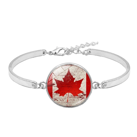 Vintage Canada Flag Time Gem Bracelet Silver Plated Alloy Glass Cabochon Adjustable Chain Bangle Maple Leaf Souvenir Jewelry Gift