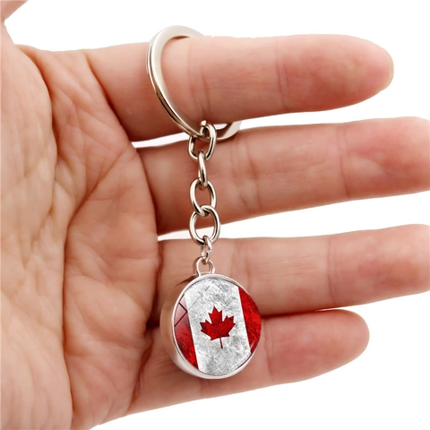 Portachiavi con Bandiera del Canada in Lega di Zinco Argento Metallo Foglia di Acero Cabochon in Vetro Circolare per Auto Viaggio