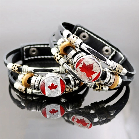 Vintage Punk Canada Flag Maple Leaf Multi-Layer Synthetic Leather Bracelet Handmade Metal Wood Beaded Charm Bracelet For Men Women Souvenir