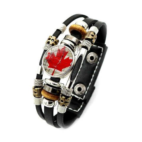 Vintage Punk Canada Flag Maple Leaf Multi-Layer Synthetic Leather Bracelet Handmade Metal Wood Beaded Charm Bracelet For Men Women Souvenir
