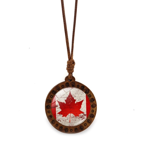 Retro Canada Flag Wood Pendant Necklace For Men Women Ethnic Round Maple Leaf Glass Time Gem Handmade Woven Rope Jewelry
