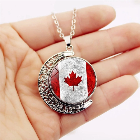 Retro Alloy Glass Canada Flag Pendant Necklace Rotating Crescent Moon Maple Leaf Charm Sweater Chain Necklace Jewelry