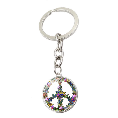 Friedenssymbol Schlüsselanhänger Bunter Schmetterling Blumenmuster Runder Glasanhänger Zinklegierung Schlüsselring Für Damen Herren Boho Accessoires