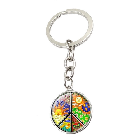 Friedenssymbol Schlüsselanhänger Bunter Schmetterling Blumenmuster Runder Glasanhänger Zinklegierung Schlüsselring Für Damen Herren Boho Accessoires