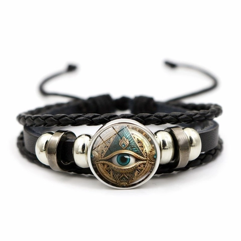 Bracelet en Cuir Tissé à La Main Multicouche Rétro Avec Cabochon en Verre Oeil de La Providence Bijoux de Poignet Punk Pour Hommes Femmes