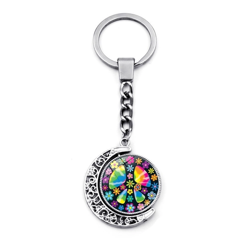 Rotating Moon Peace Sign Keychain Double Sided Zinc Alloy Metal Floral Peace Symbol Pendant Bohemian Style Key Ring Bag Accessories