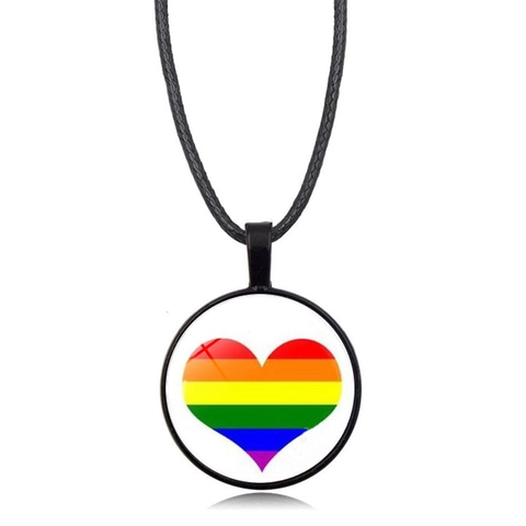 LGBTQ Pride Rainbow Heart Pendant Necklace Alloy Glass Round Cabochon Necklace With Black Woven Cord Pride Jewelry Gift