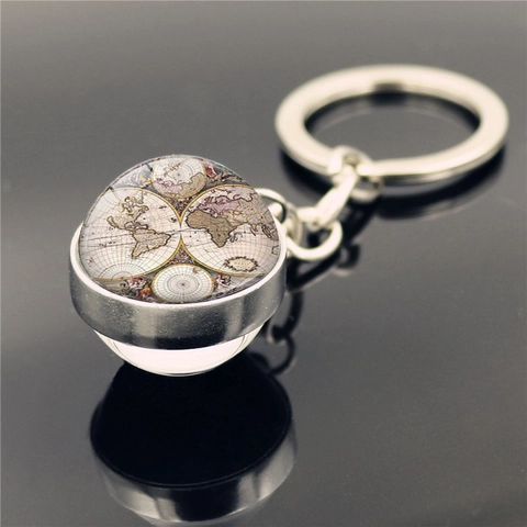 Porte-clés Vintage Carte du Monde Double Face en Verre Pendentif Géographie Antique Anneau de Clé en Alliage Métallique Bijoux